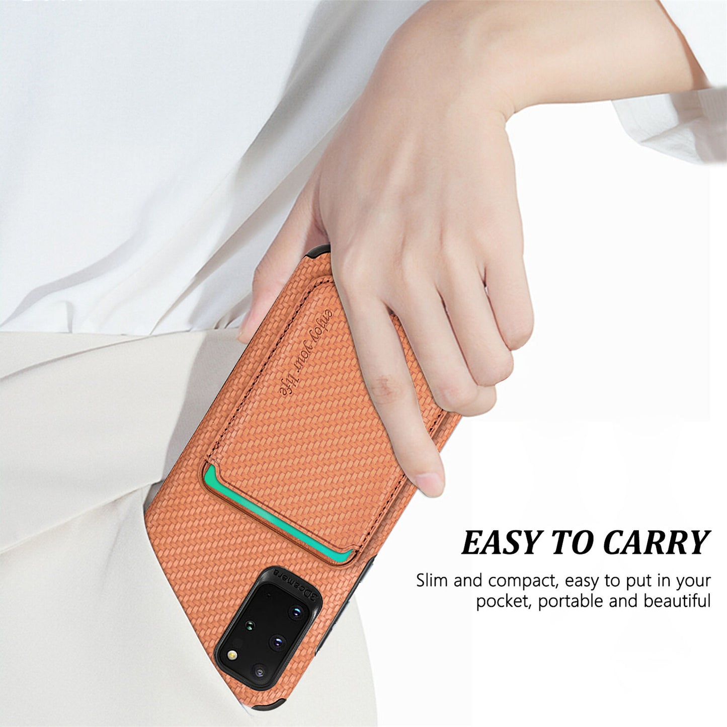 For Samsung Galaxy S20 Plus/Plus 5G PU Leather Coated TPU + PVC Phone Case Detachable Card Holder Carbon Fiber Texture Anti-fingerprint Case Cover - Brown