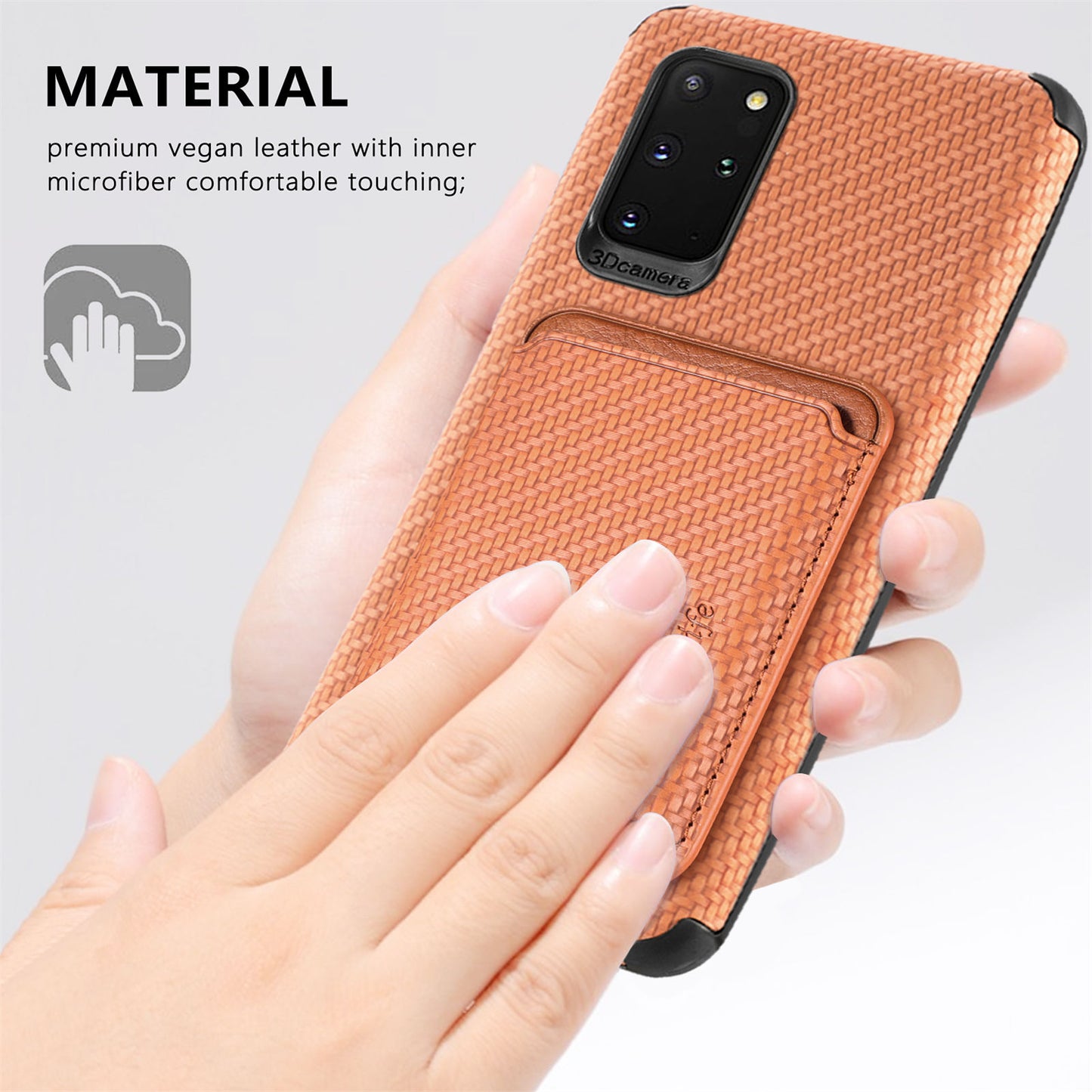 For Samsung Galaxy S20 Plus/Plus 5G PU Leather Coated TPU + PVC Phone Case Detachable Card Holder Carbon Fiber Texture Anti-fingerprint Case Cover - Brown