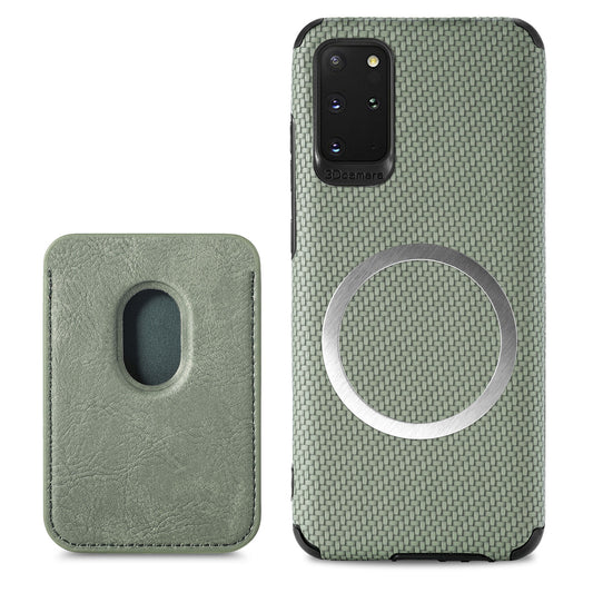 For Samsung Galaxy S20 Plus/Plus 5G PU Leather Coated TPU + PVC Phone Case Detachable Card Holder Carbon Fiber Texture Anti-fingerprint Case Cover - Green