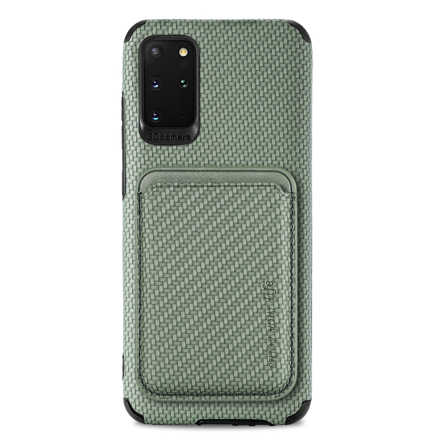 For Samsung Galaxy S20 Plus/Plus 5G PU Leather Coated TPU + PVC Phone Case Detachable Card Holder Carbon Fiber Texture Anti-fingerprint Case Cover - Green