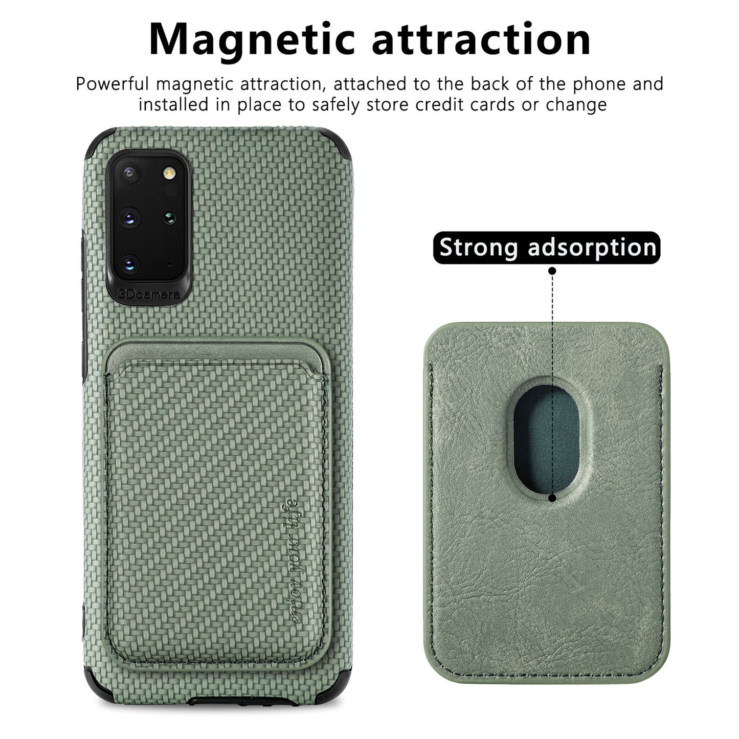 For Samsung Galaxy S20 Plus/Plus 5G PU Leather Coated TPU + PVC Phone Case Detachable Card Holder Carbon Fiber Texture Anti-fingerprint Case Cover - Green