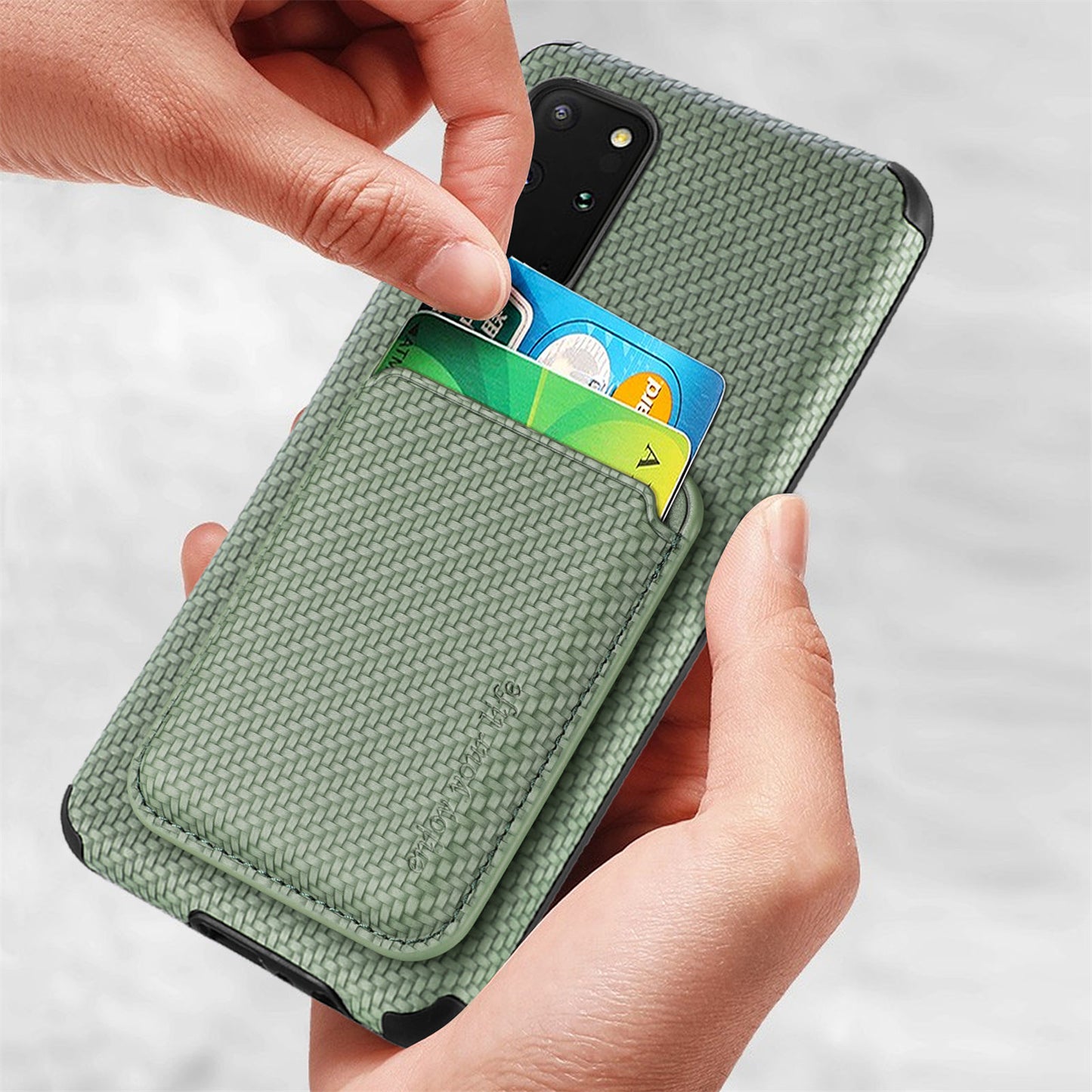 For Samsung Galaxy S20 Plus/Plus 5G PU Leather Coated TPU + PVC Phone Case Detachable Card Holder Carbon Fiber Texture Anti-fingerprint Case Cover - Green