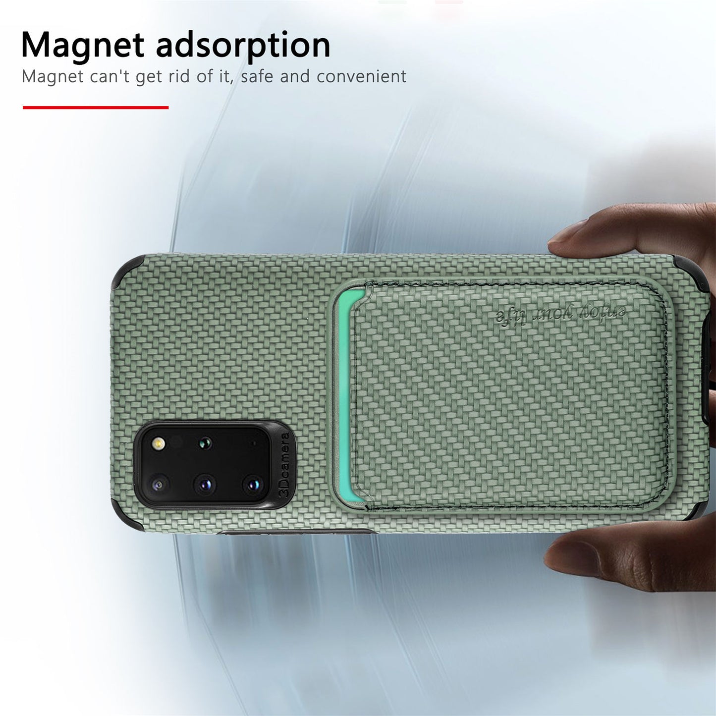 For Samsung Galaxy S20 Plus/Plus 5G PU Leather Coated TPU + PVC Phone Case Detachable Card Holder Carbon Fiber Texture Anti-fingerprint Case Cover - Green
