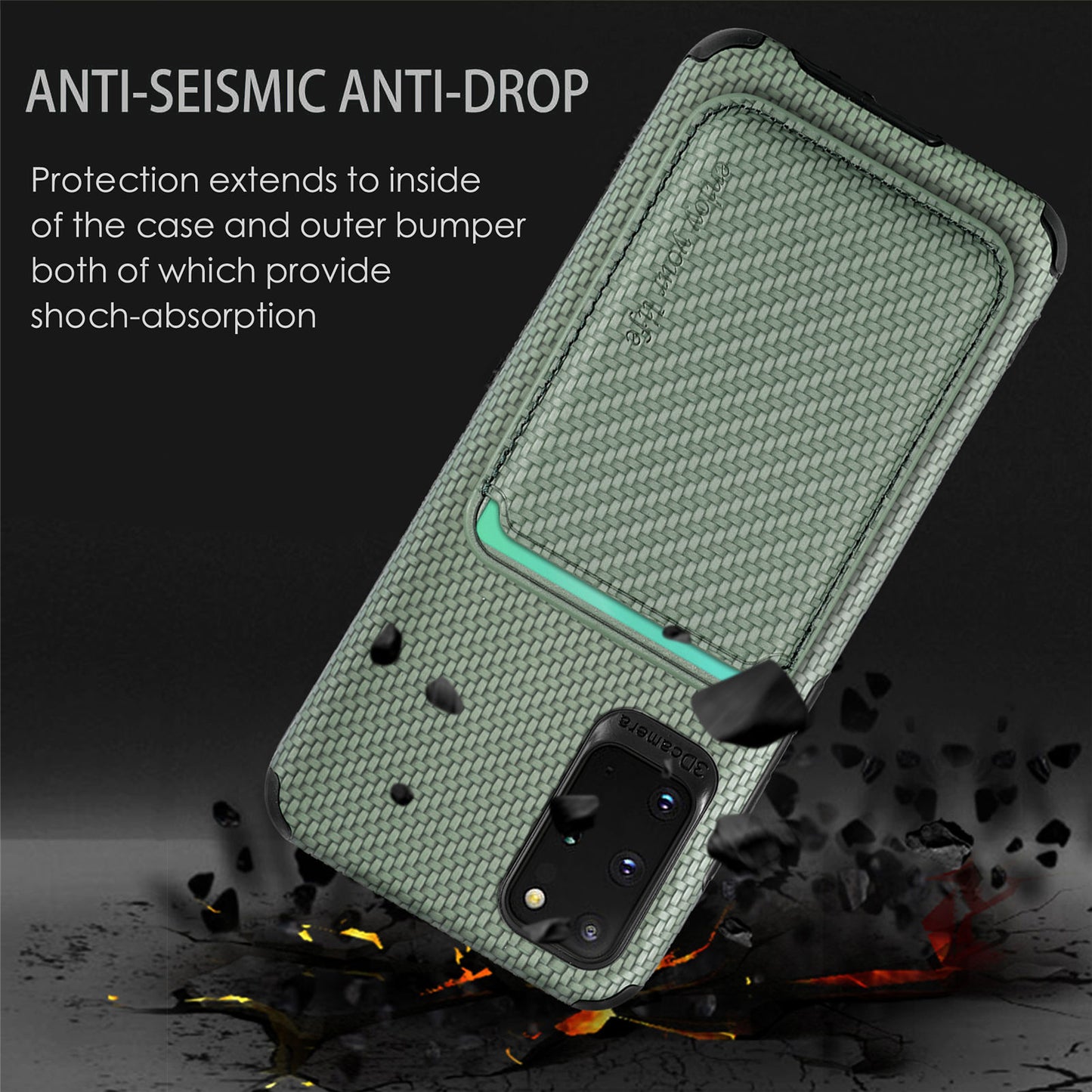For Samsung Galaxy S20 Plus/Plus 5G PU Leather Coated TPU + PVC Phone Case Detachable Card Holder Carbon Fiber Texture Anti-fingerprint Case Cover - Green