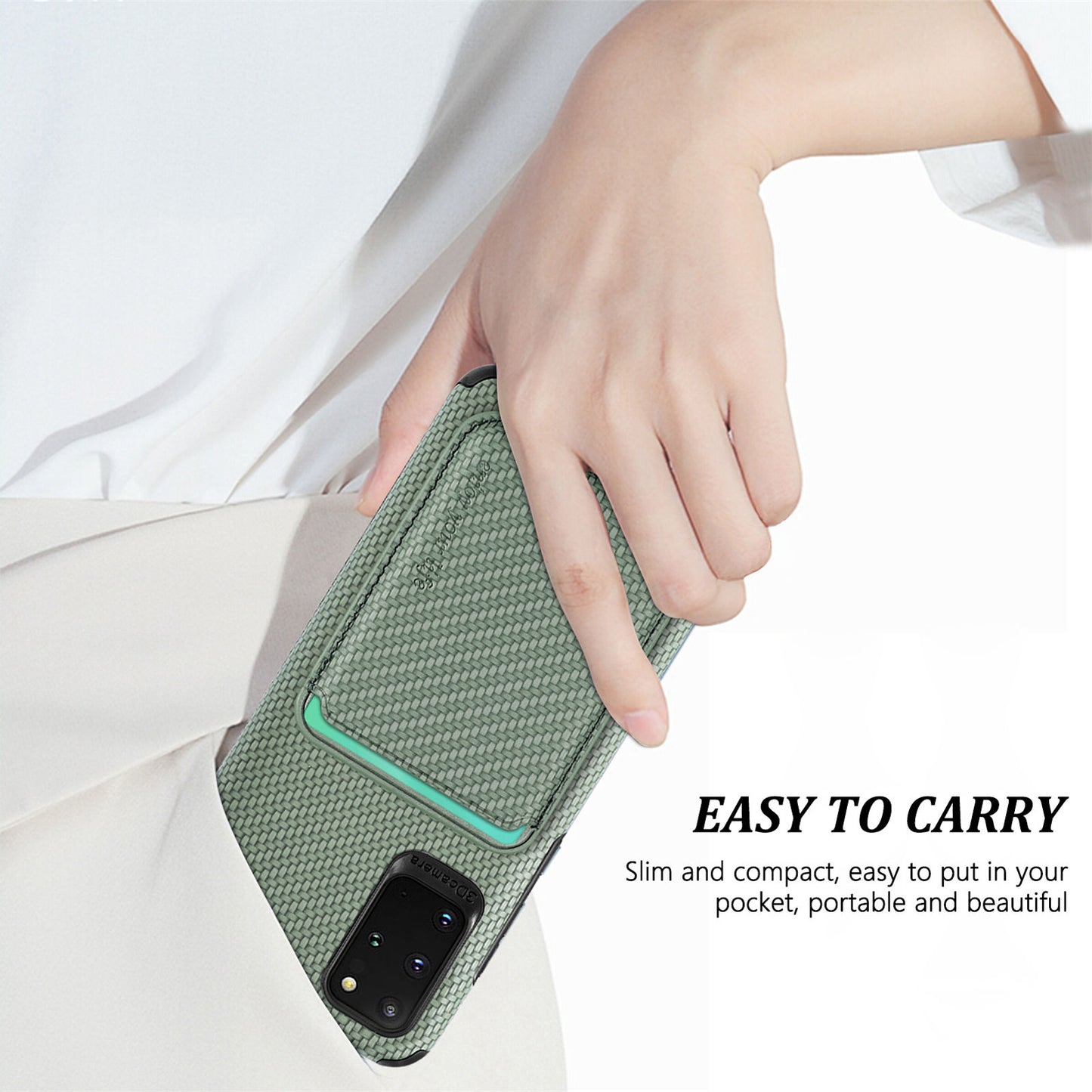 For Samsung Galaxy S20 Plus/Plus 5G PU Leather Coated TPU + PVC Phone Case Detachable Card Holder Carbon Fiber Texture Anti-fingerprint Case Cover - Green