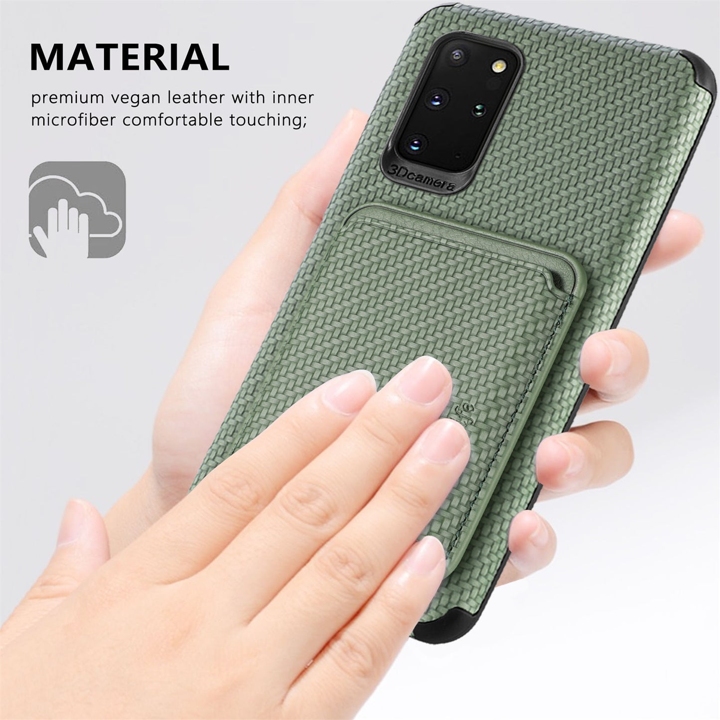 For Samsung Galaxy S20 Plus/Plus 5G PU Leather Coated TPU + PVC Phone Case Detachable Card Holder Carbon Fiber Texture Anti-fingerprint Case Cover - Green