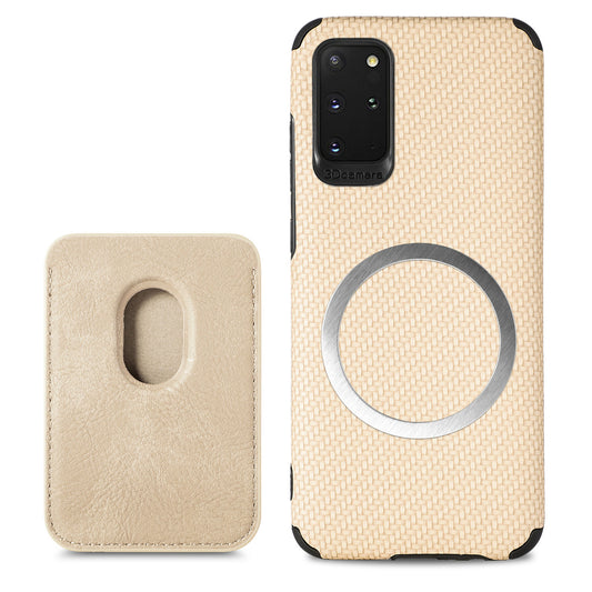 For Samsung Galaxy S20 Plus/Plus 5G PU Leather Coated TPU + PVC Phone Case Detachable Card Holder Carbon Fiber Texture Anti-fingerprint Case Cover - Khaki