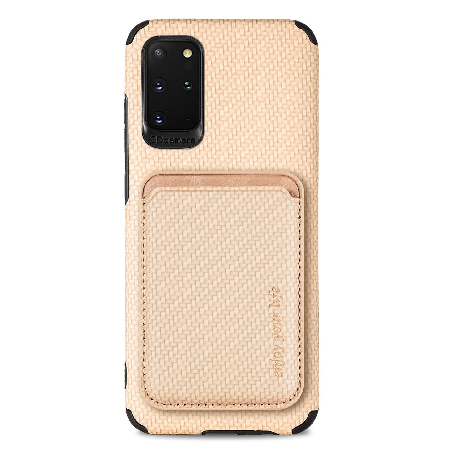 For Samsung Galaxy S20 Plus/Plus 5G PU Leather Coated TPU + PVC Phone Case Detachable Card Holder Carbon Fiber Texture Anti-fingerprint Case Cover - Khaki