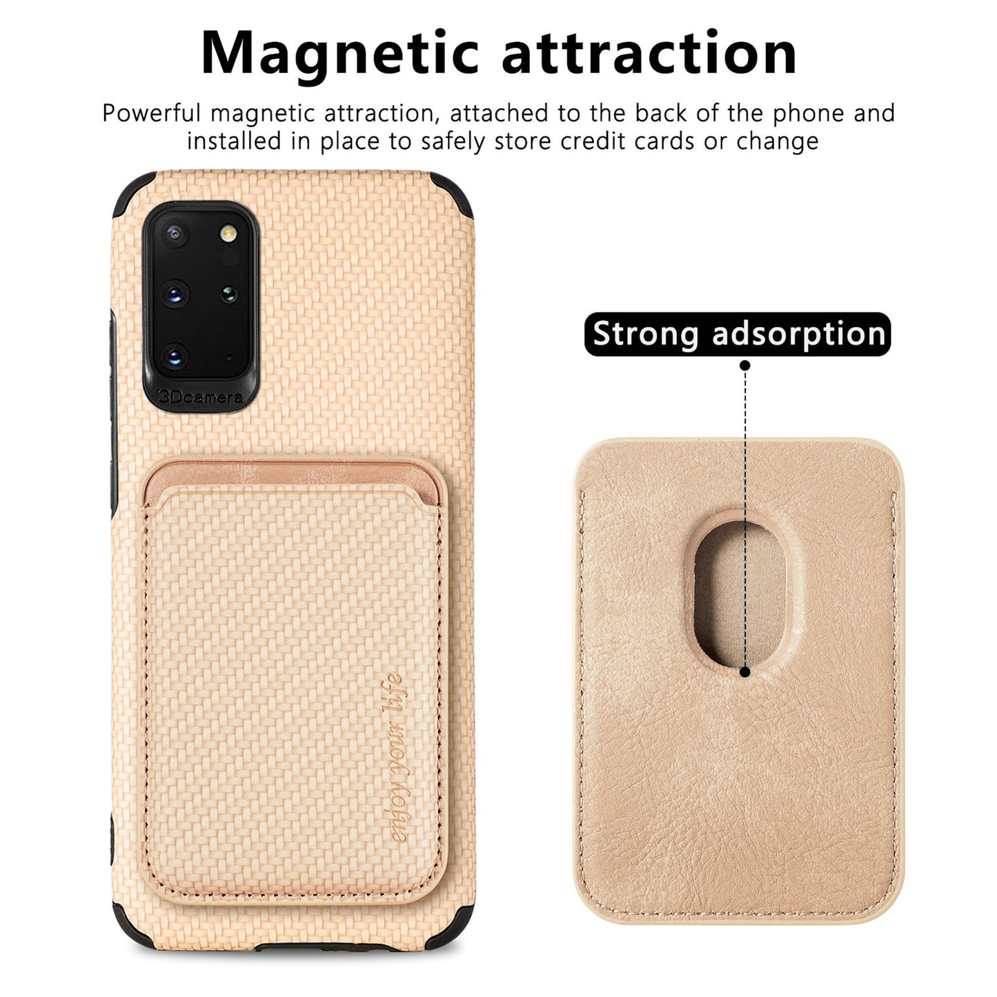 For Samsung Galaxy S20 Plus/Plus 5G PU Leather Coated TPU + PVC Phone Case Detachable Card Holder Carbon Fiber Texture Anti-fingerprint Case Cover - Khaki