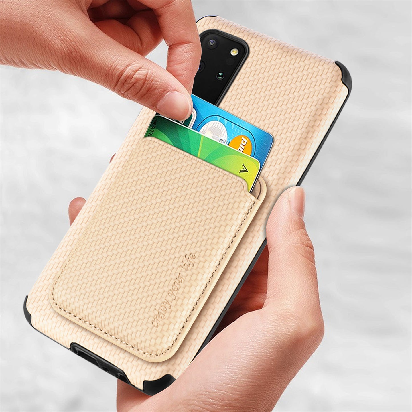 For Samsung Galaxy S20 Plus/Plus 5G PU Leather Coated TPU + PVC Phone Case Detachable Card Holder Carbon Fiber Texture Anti-fingerprint Case Cover - Khaki