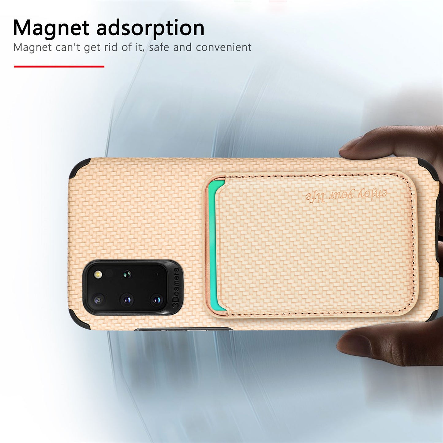 For Samsung Galaxy S20 Plus/Plus 5G PU Leather Coated TPU + PVC Phone Case Detachable Card Holder Carbon Fiber Texture Anti-fingerprint Case Cover - Khaki