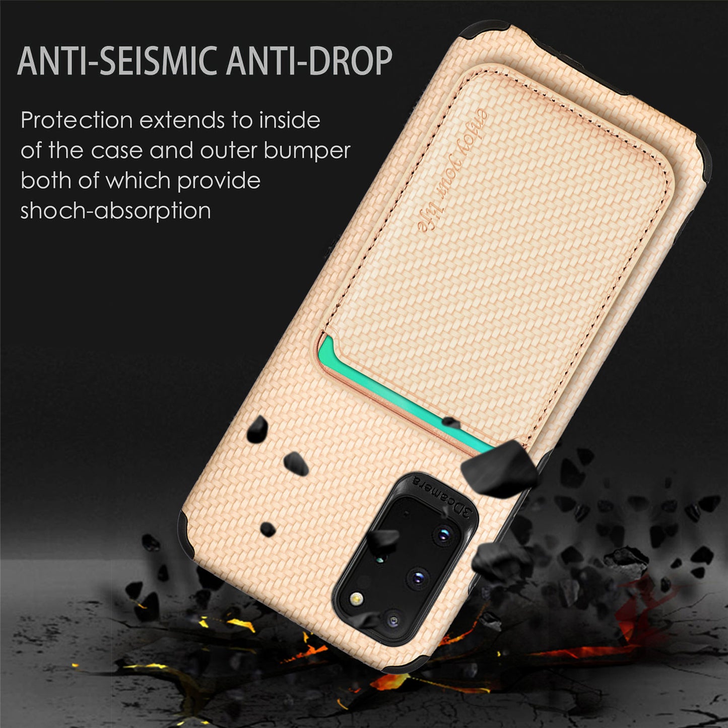 For Samsung Galaxy S20 Plus/Plus 5G PU Leather Coated TPU + PVC Phone Case Detachable Card Holder Carbon Fiber Texture Anti-fingerprint Case Cover - Khaki
