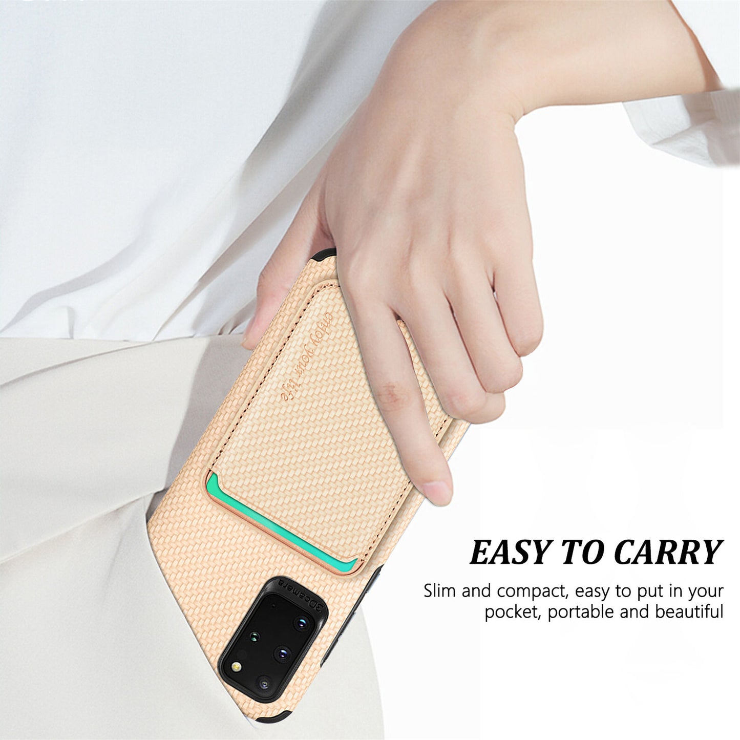 For Samsung Galaxy S20 Plus/Plus 5G PU Leather Coated TPU + PVC Phone Case Detachable Card Holder Carbon Fiber Texture Anti-fingerprint Case Cover - Khaki