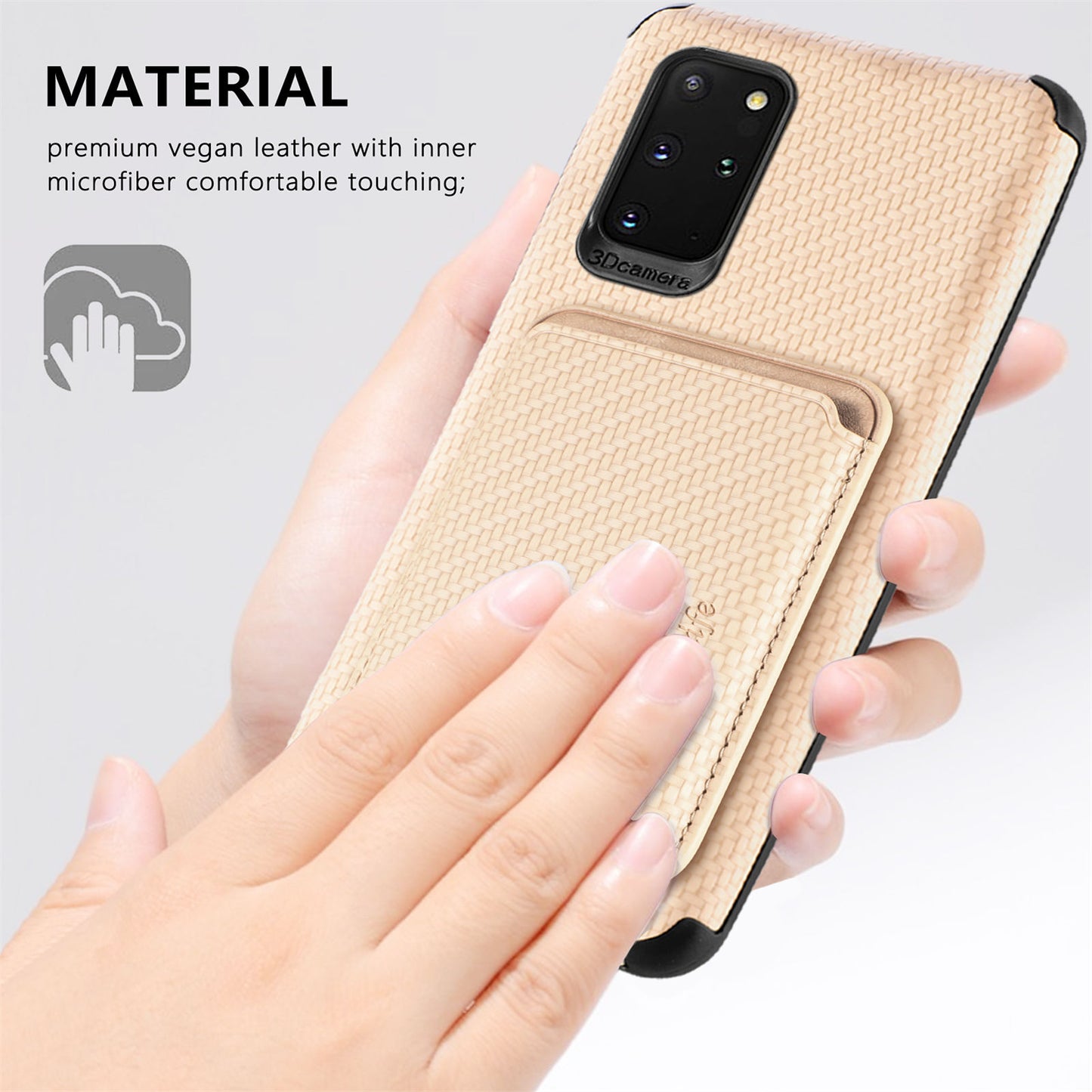 For Samsung Galaxy S20 Plus/Plus 5G PU Leather Coated TPU + PVC Phone Case Detachable Card Holder Carbon Fiber Texture Anti-fingerprint Case Cover - Khaki