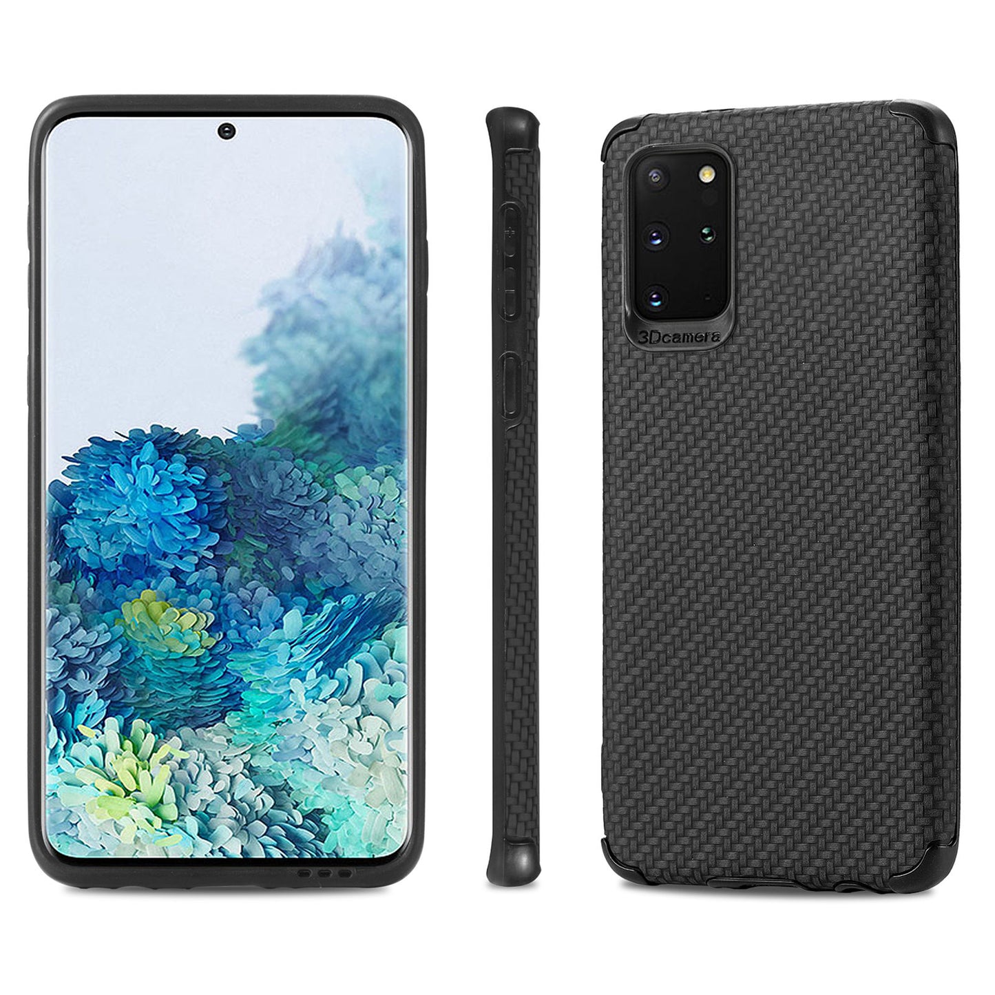 For Samsung Galaxy S20 Plus 5G/4G Cell Phone Cover Fiber Texture PU Leather Coated TPU + PVC Anti-fingerprint Protective Case - Black