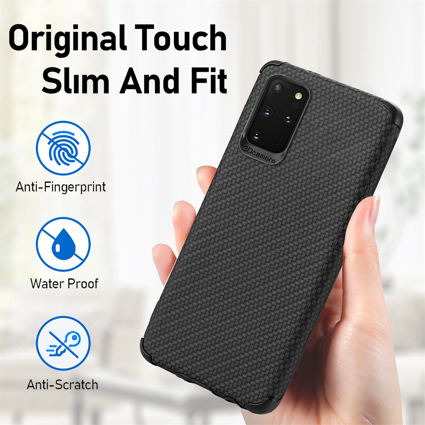 For Samsung Galaxy S20 Plus 5G/4G Cell Phone Cover Fiber Texture PU Leather Coated TPU + PVC Anti-fingerprint Protective Case - Black