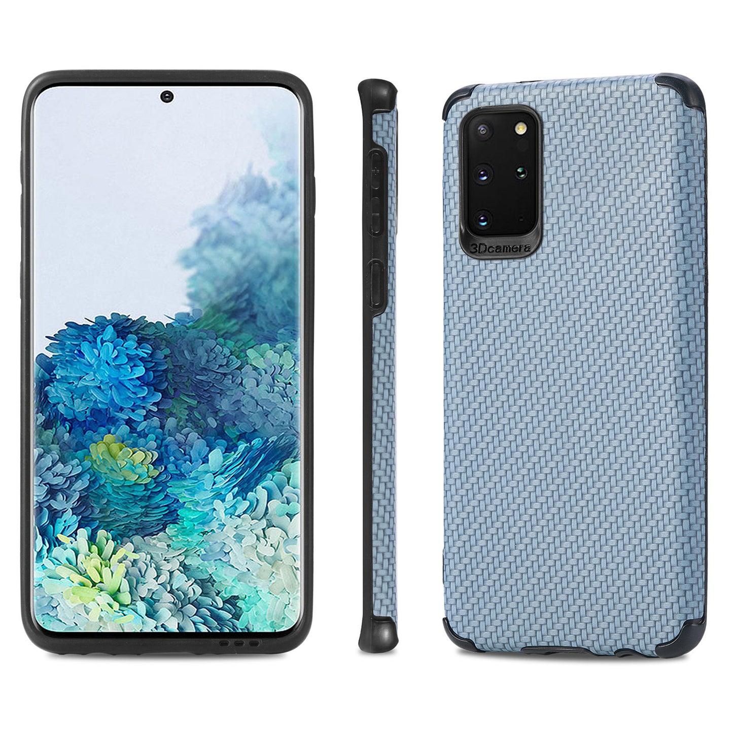 For Samsung Galaxy S20 Plus 5G/4G Cell Phone Cover Fiber Texture PU Leather Coated TPU + PVC Anti-fingerprint Protective Case - Sky Blue
