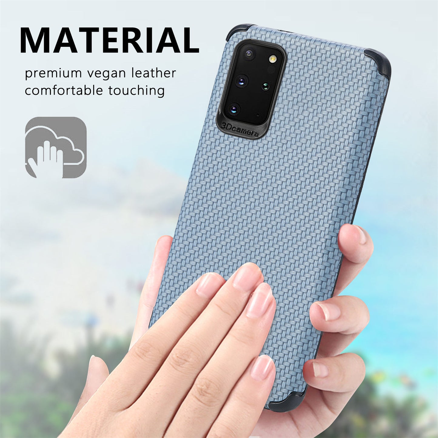 For Samsung Galaxy S20 Plus 5G/4G Cell Phone Cover Fiber Texture PU Leather Coated TPU + PVC Anti-fingerprint Protective Case - Sky Blue