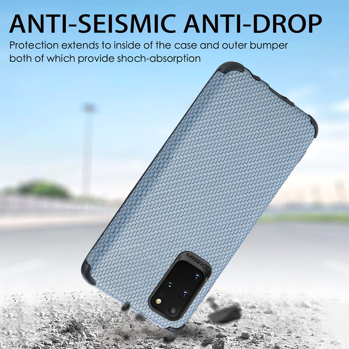 For Samsung Galaxy S20 Plus 5G/4G Cell Phone Cover Fiber Texture PU Leather Coated TPU + PVC Anti-fingerprint Protective Case - Sky Blue