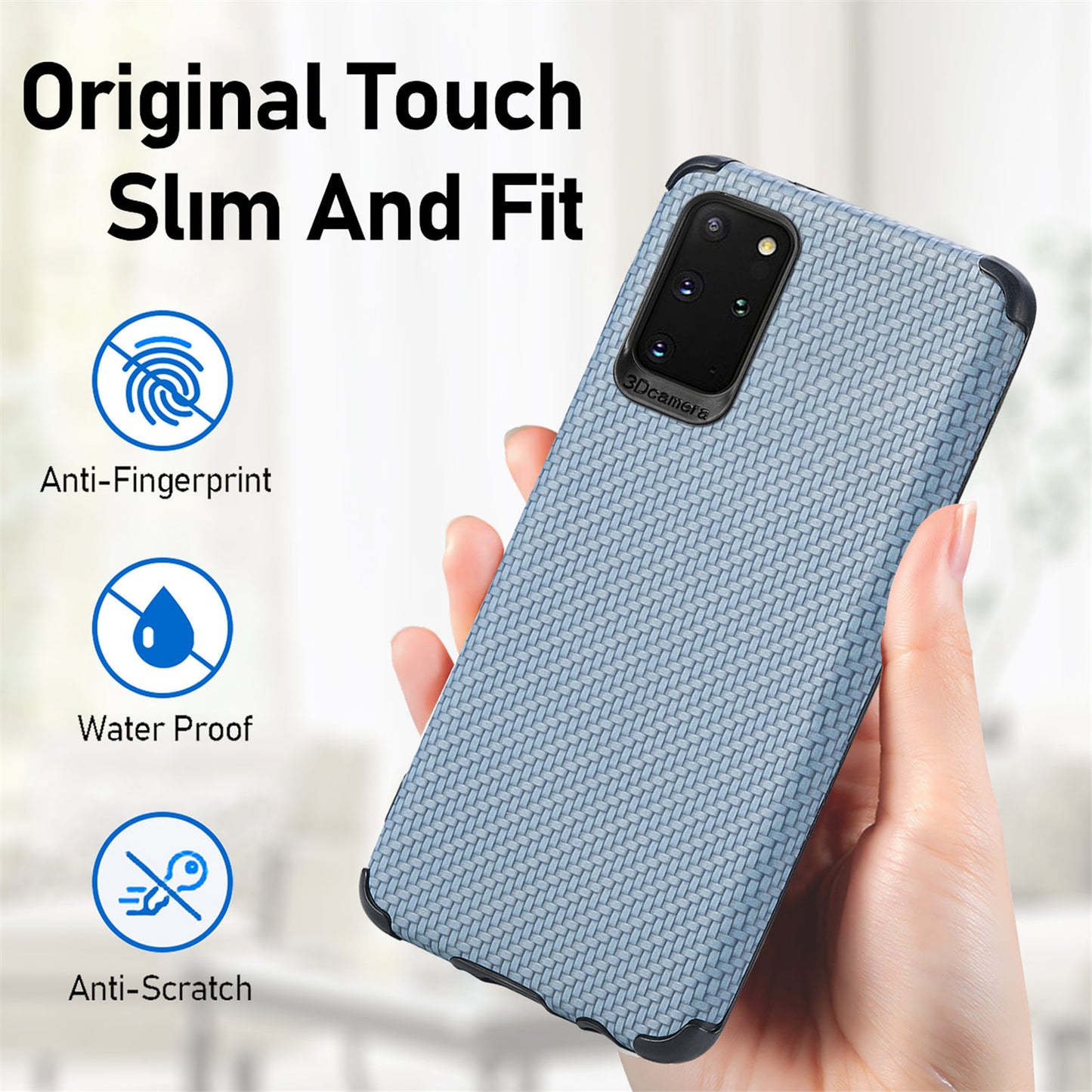 For Samsung Galaxy S20 Plus 5G/4G Cell Phone Cover Fiber Texture PU Leather Coated TPU + PVC Anti-fingerprint Protective Case - Sky Blue