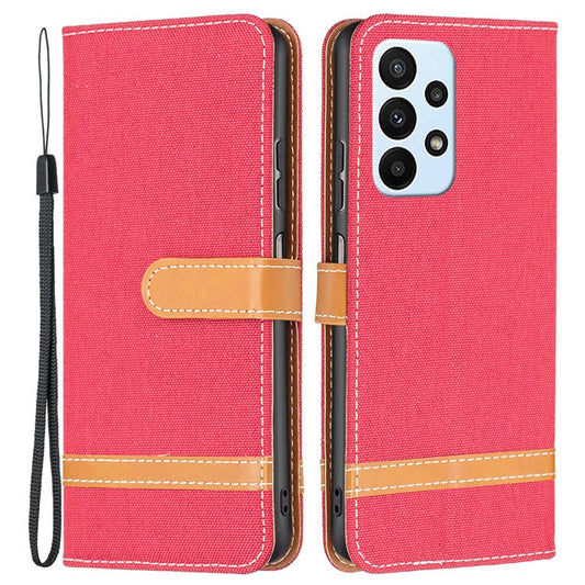For Samsung Galaxy A23 4G / 5G (Global Version) Jeans Cloth Texture Color Splicing Magnetic Clasp Leather Cover Wallet Stand Flip Phone Case - Red
