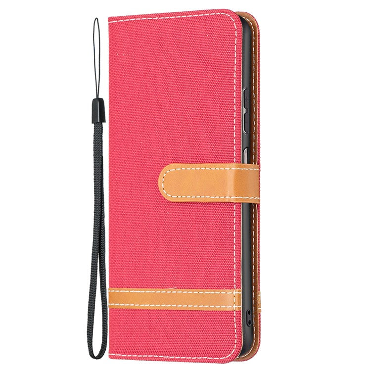 For Samsung Galaxy A23 4G / 5G (Global Version) Jeans Cloth Texture Color Splicing Magnetic Clasp Leather Cover Wallet Stand Flip Phone Case - Red