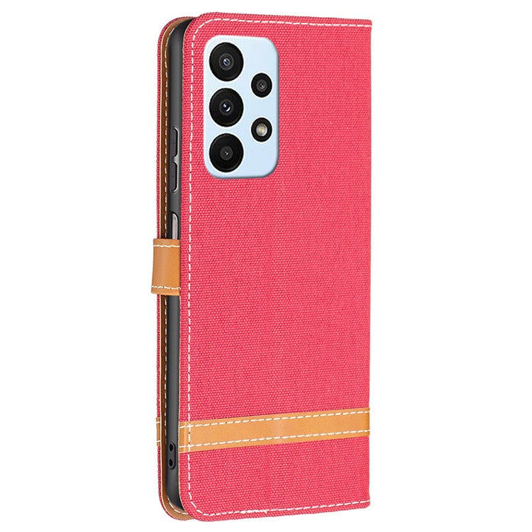 For Samsung Galaxy A23 4G / 5G (Global Version) Jeans Cloth Texture Color Splicing Magnetic Clasp Leather Cover Wallet Stand Flip Phone Case - Red