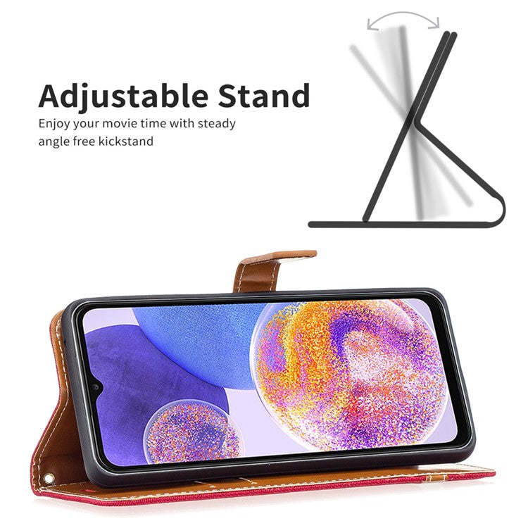 For Samsung Galaxy A23 4G / 5G (Global Version) Jeans Cloth Texture Color Splicing Magnetic Clasp Leather Cover Wallet Stand Flip Phone Case - Red