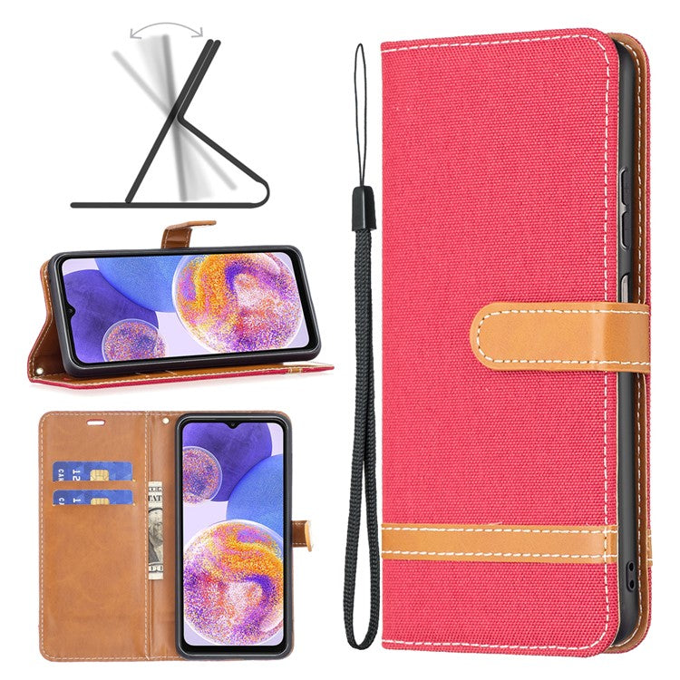 For Samsung Galaxy A23 4G / 5G (Global Version) Jeans Cloth Texture Color Splicing Magnetic Clasp Leather Cover Wallet Stand Flip Phone Case - Red