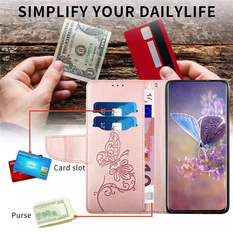 Wallet Phone Case for Samsung Galaxy A33 5G Butterfly Flower Imprinted PU Leather Cover Scratch Resistant Phone Protector with Stand - Rose Gold
