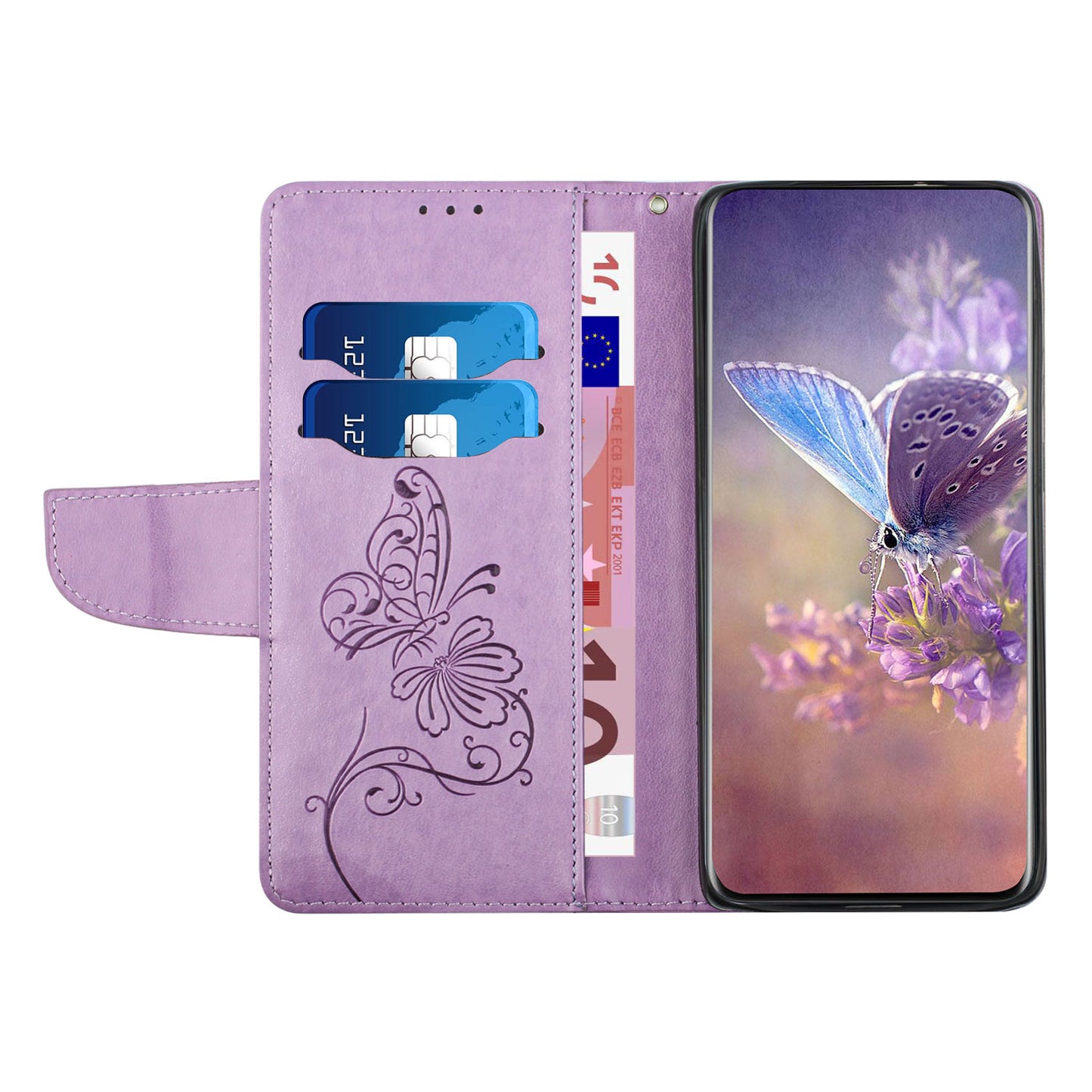 Wallet Stand Phone Case for Samsung Galaxy S20 FE 2022/S20 FE 4G/FE 5G/S20 Lite Scratch Resistant PU Leather Cover Butterfly Flower Imprinted Phone Protector - Purple