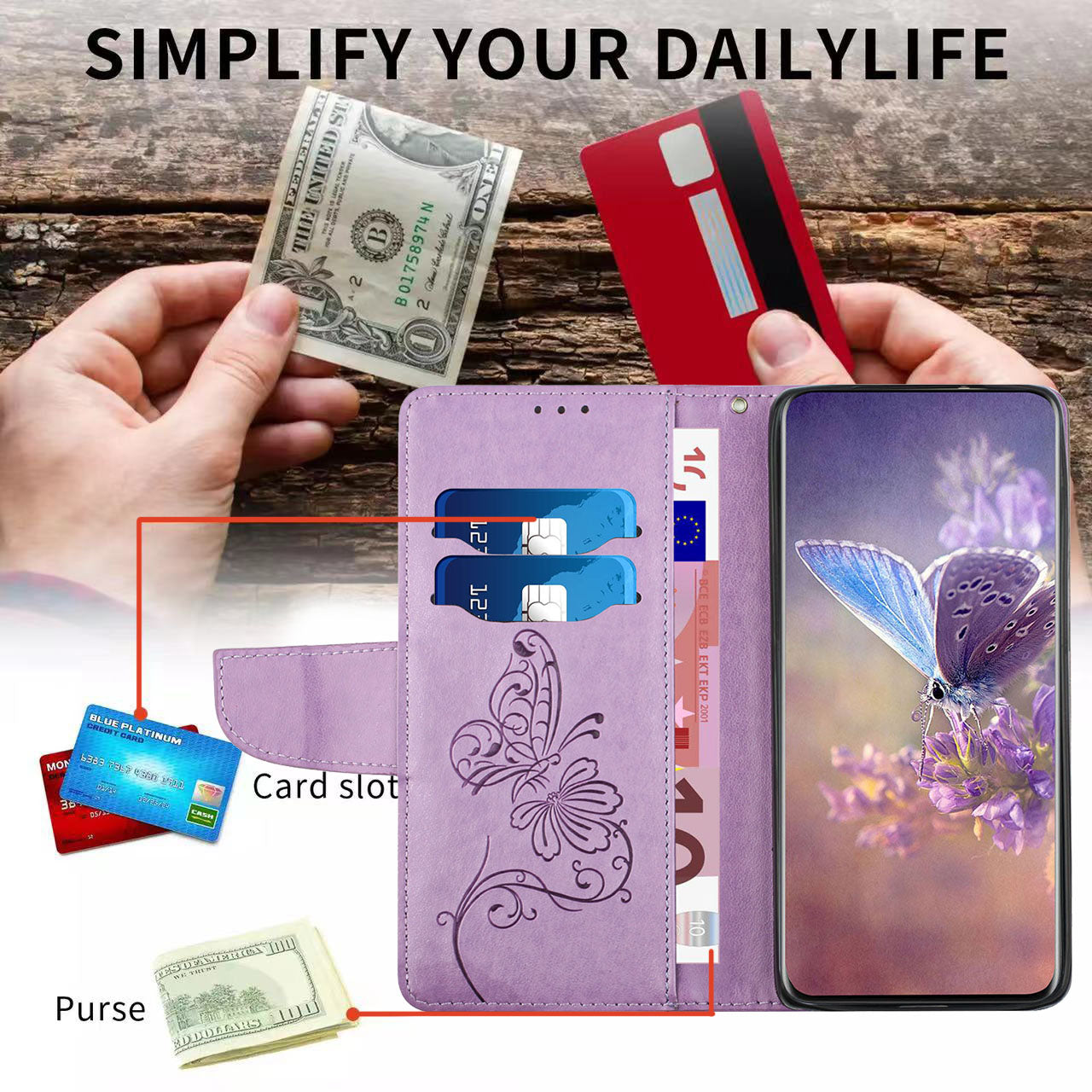 Wallet Stand Phone Case for Samsung Galaxy S20 FE 2022/S20 FE 4G/FE 5G/S20 Lite Scratch Resistant PU Leather Cover Butterfly Flower Imprinted Phone Protector - Purple