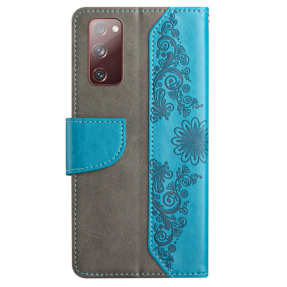 Wallet Stand Phone Case for Samsung Galaxy S20 FE 2022/S20 FE 4G/FE 5G/S20 Lite Scratch Resistant PU Leather Cover Butterfly Flower Imprinted Phone Protector - Blue