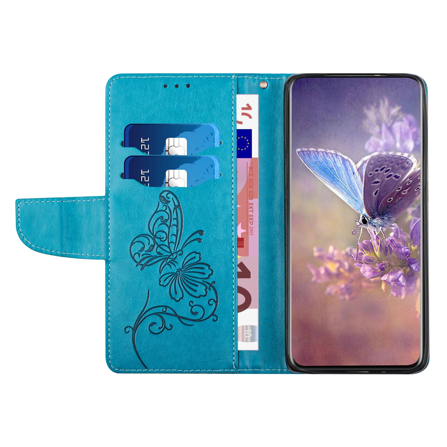 Wallet Stand Phone Case for Samsung Galaxy S20 FE 2022/S20 FE 4G/FE 5G/S20 Lite Scratch Resistant PU Leather Cover Butterfly Flower Imprinted Phone Protector - Blue