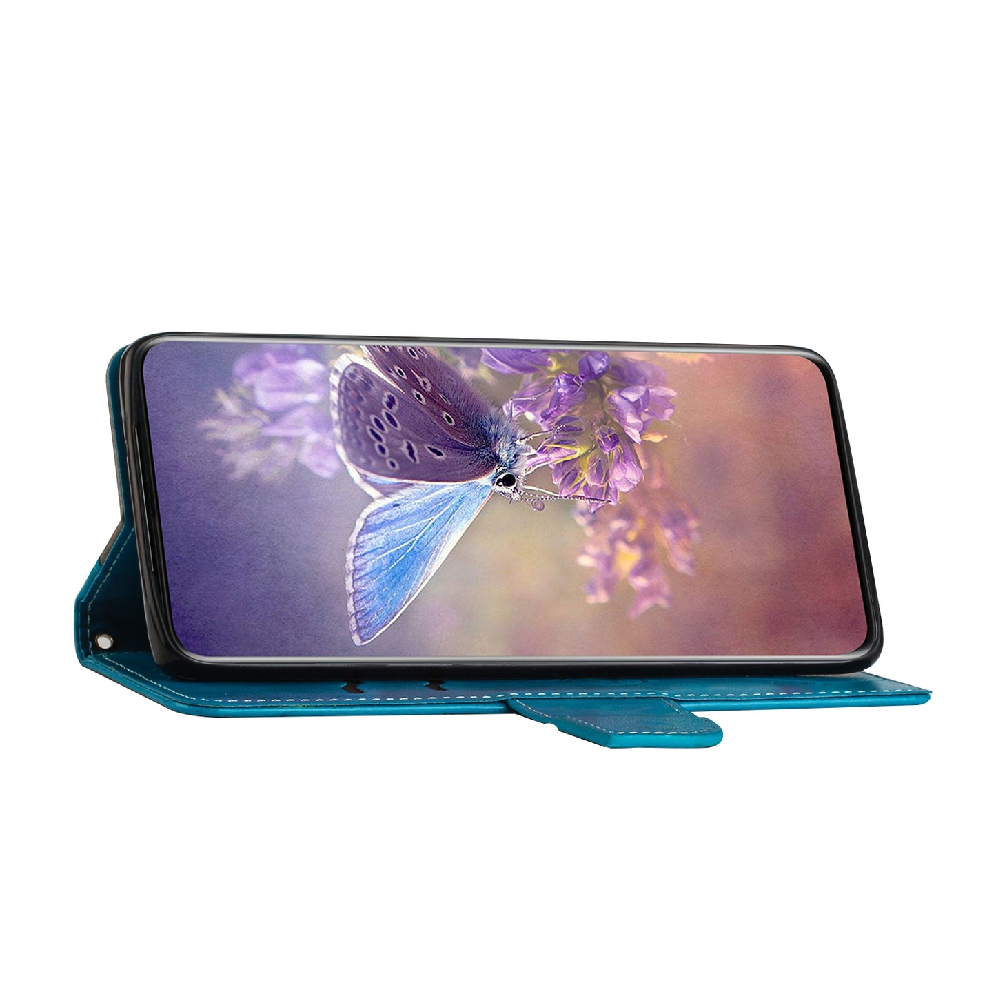 Wallet Stand Phone Case for Samsung Galaxy S20 FE 2022/S20 FE 4G/FE 5G/S20 Lite Scratch Resistant PU Leather Cover Butterfly Flower Imprinted Phone Protector - Blue
