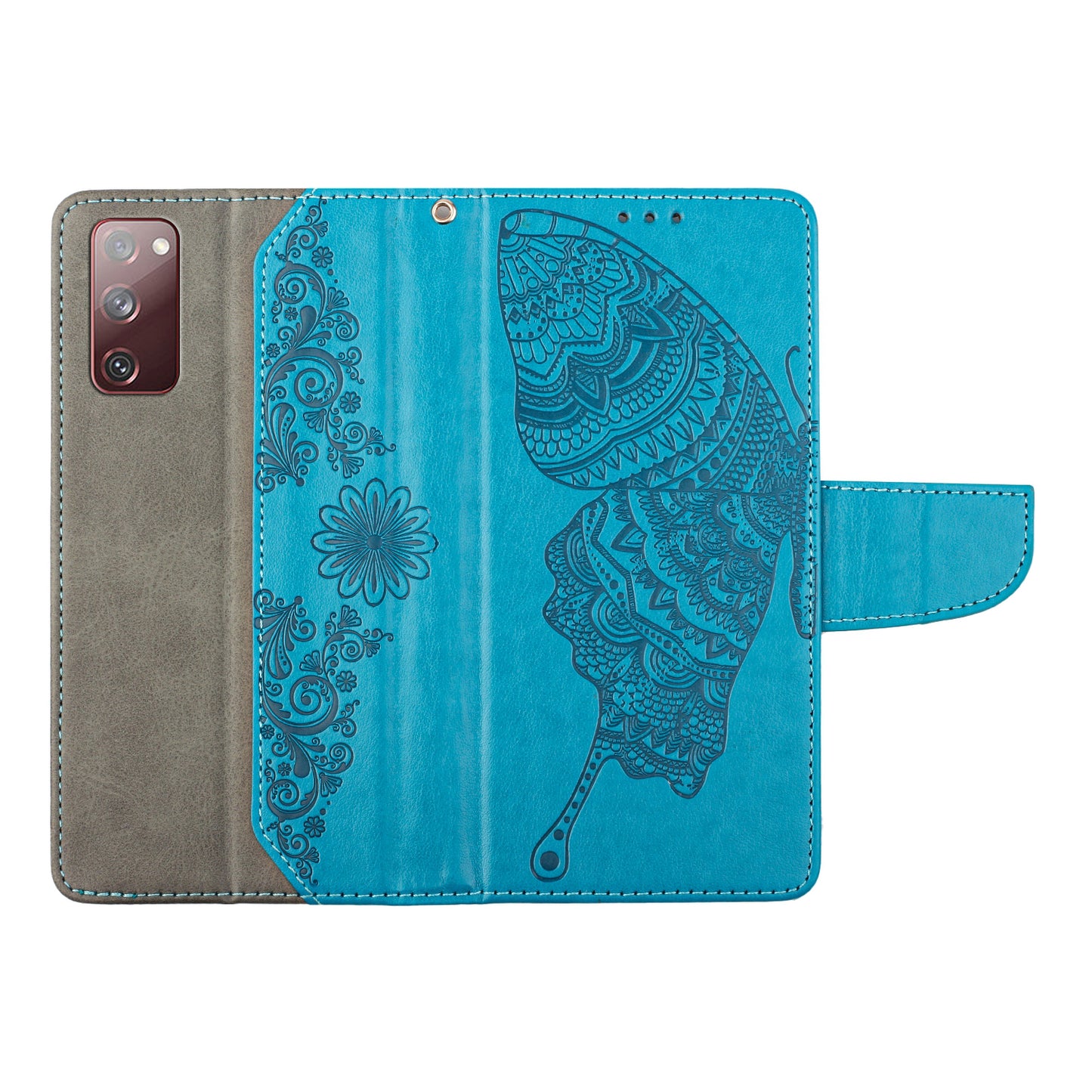 Wallet Stand Phone Case for Samsung Galaxy S20 FE 2022/S20 FE 4G/FE 5G/S20 Lite Scratch Resistant PU Leather Cover Butterfly Flower Imprinted Phone Protector - Blue