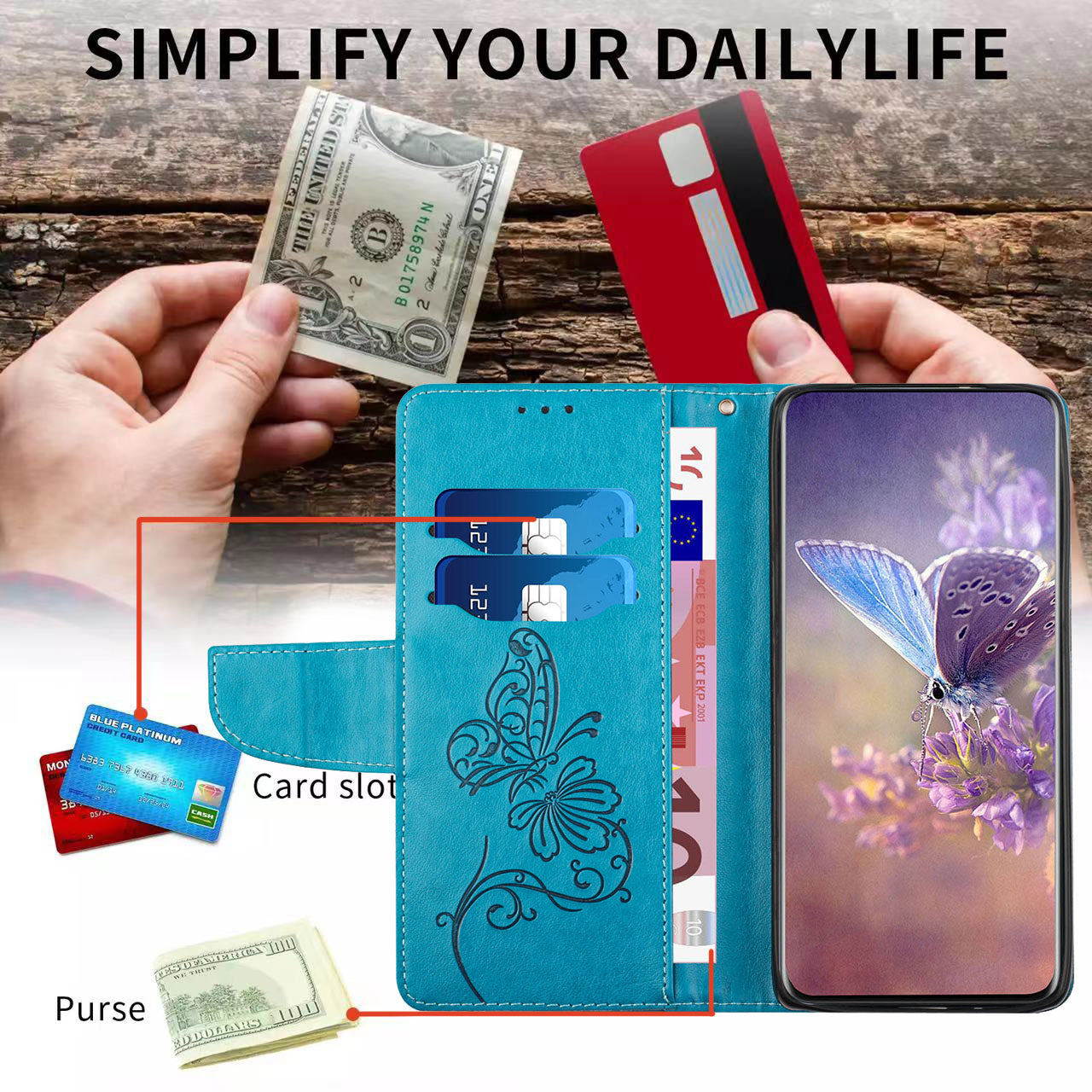 Wallet Stand Phone Case for Samsung Galaxy S20 FE 2022/S20 FE 4G/FE 5G/S20 Lite Scratch Resistant PU Leather Cover Butterfly Flower Imprinted Phone Protector - Blue