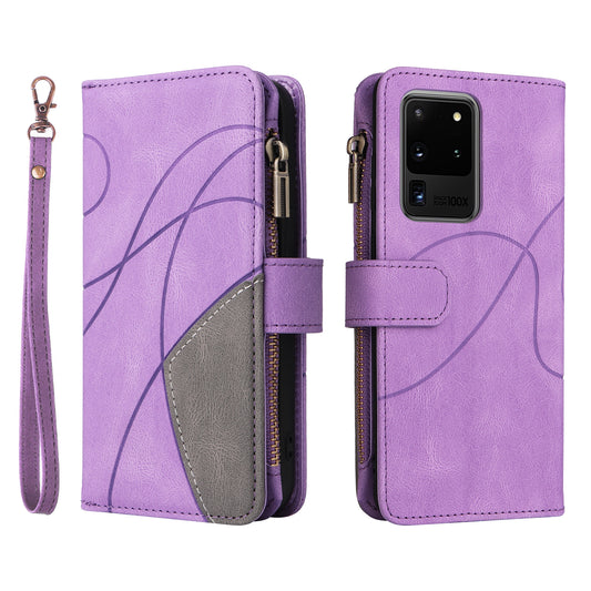 KT Multi-function Series-5 for Samsung Galaxy S20 Ultra 5G Bi-color Splicing Leather Wallet Phone Cover Multiple Card Slots Zipper Pocket Protective Case - Light Purple