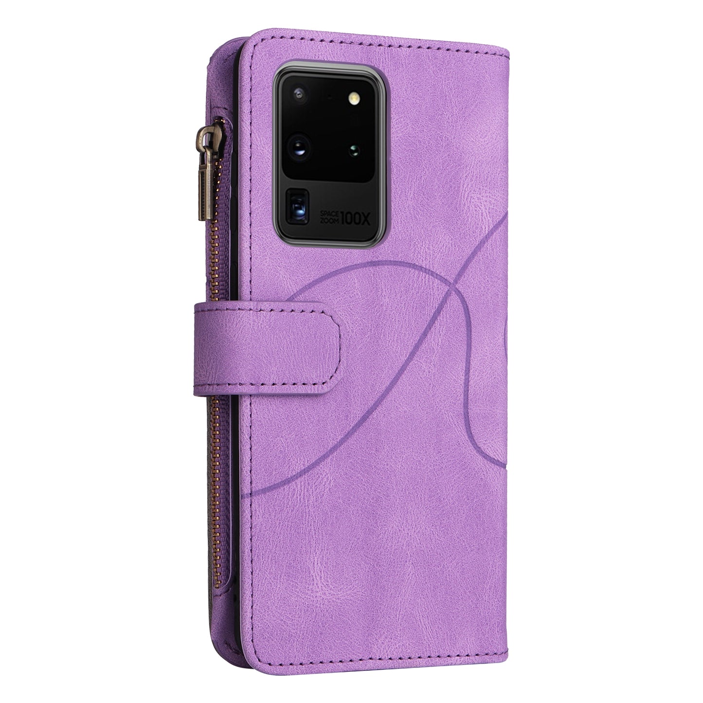 KT Multi-function Series-5 for Samsung Galaxy S20 Ultra 5G Bi-color Splicing Leather Wallet Phone Cover Multiple Card Slots Zipper Pocket Protective Case - Light Purple