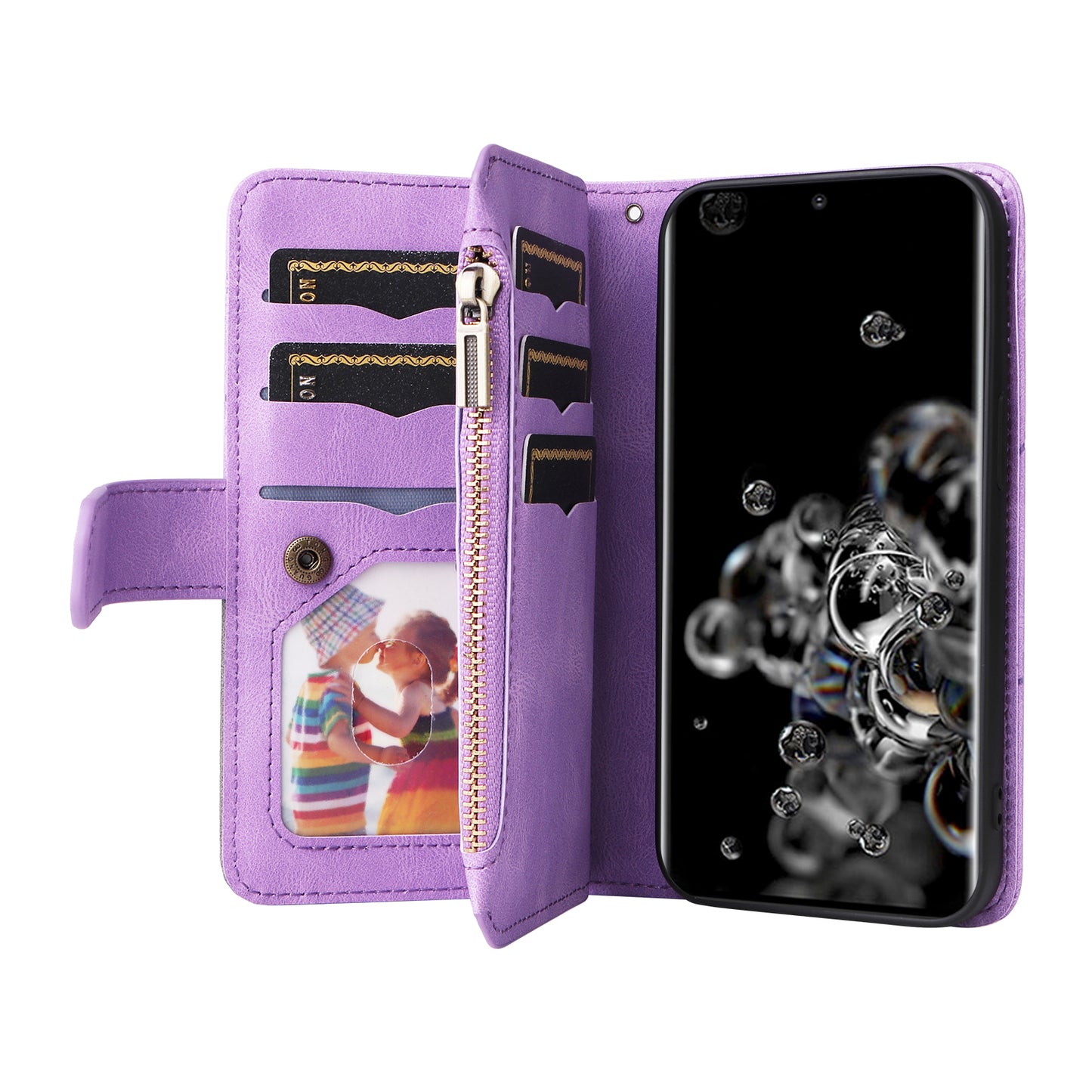 KT Multi-function Series-5 for Samsung Galaxy S20 Ultra 5G Bi-color Splicing Leather Wallet Phone Cover Multiple Card Slots Zipper Pocket Protective Case - Light Purple