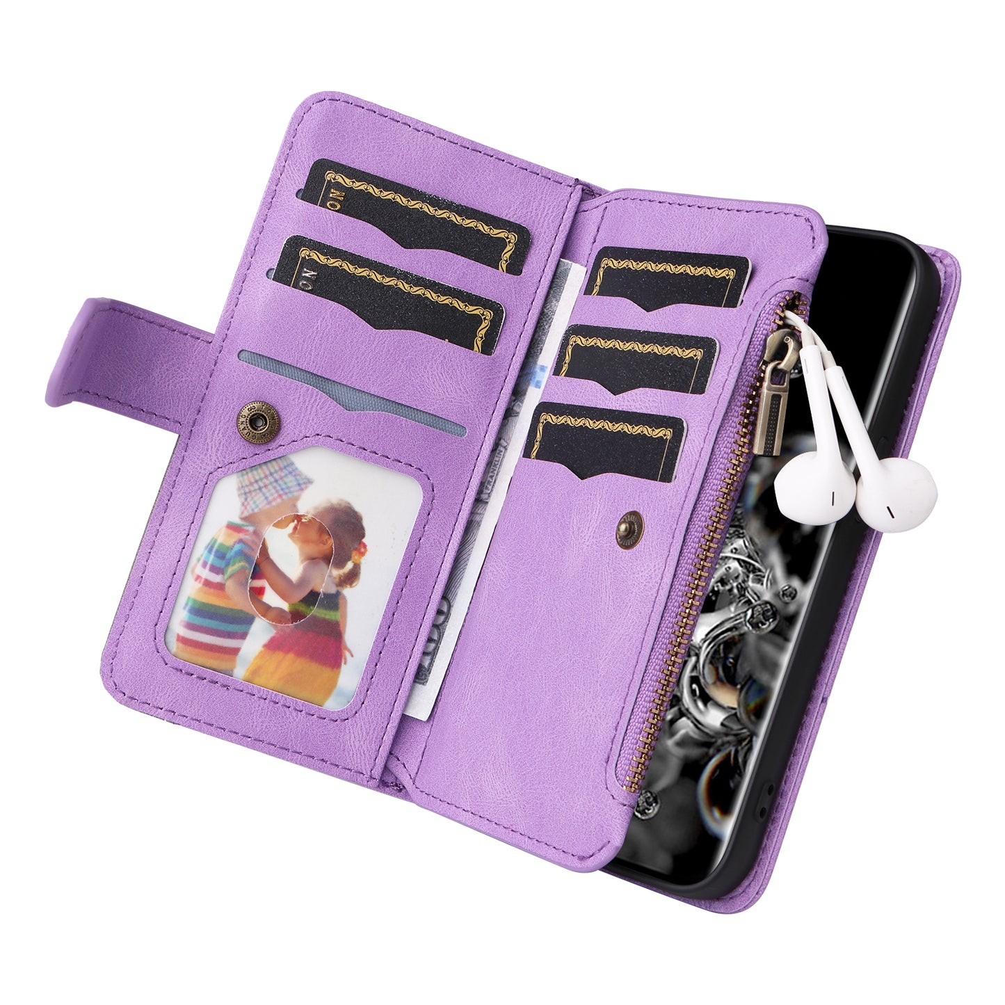 KT Multi-function Series-5 for Samsung Galaxy S20 Ultra 5G Bi-color Splicing Leather Wallet Phone Cover Multiple Card Slots Zipper Pocket Protective Case - Light Purple