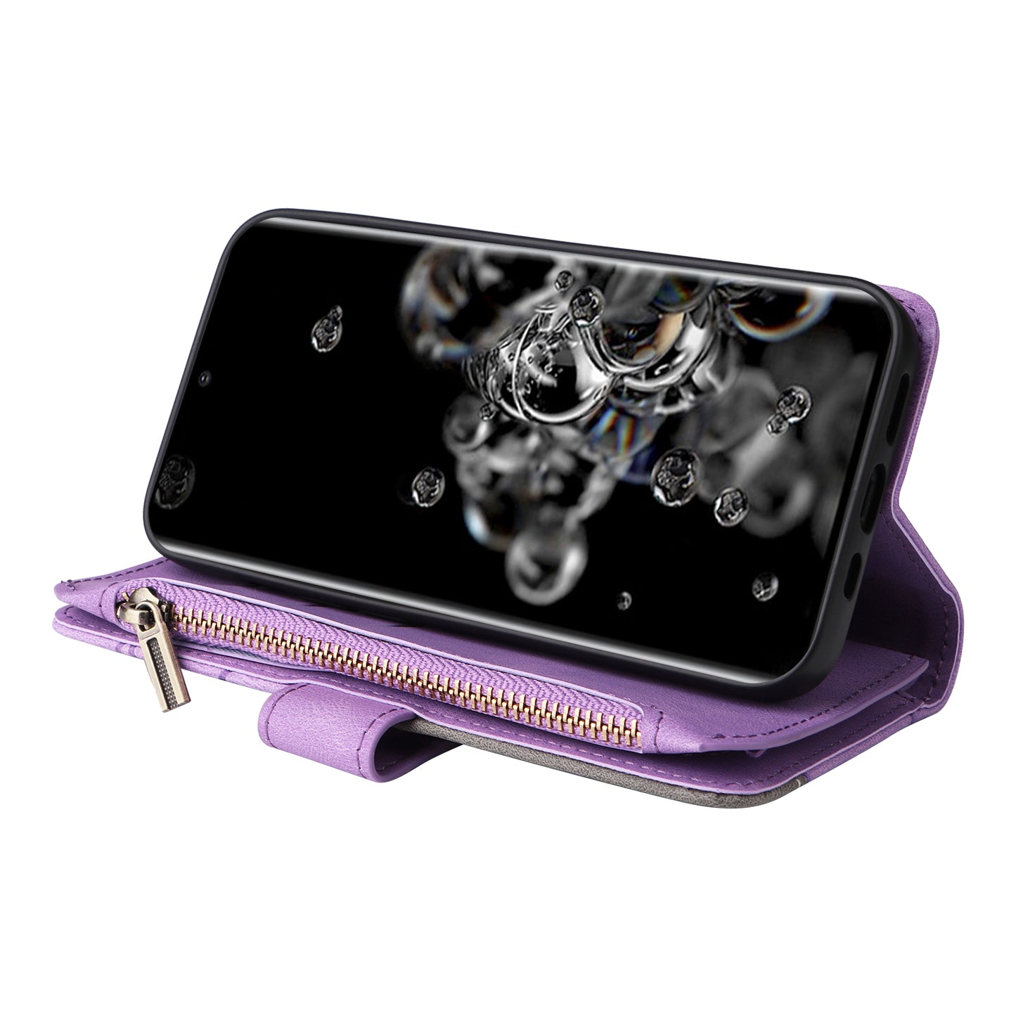 KT Multi-function Series-5 for Samsung Galaxy S20 Ultra 5G Bi-color Splicing Leather Wallet Phone Cover Multiple Card Slots Zipper Pocket Protective Case - Light Purple