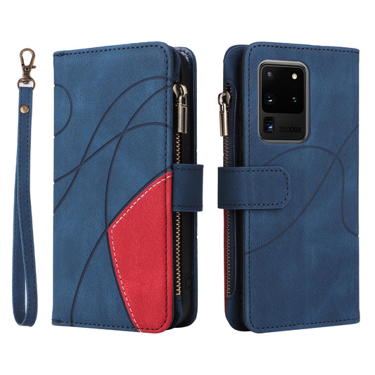 KT Multi-function Series-5 for Samsung Galaxy S20 Ultra 5G Bi-color Splicing Leather Wallet Phone Cover Multiple Card Slots Zipper Pocket Protective Case - Blue