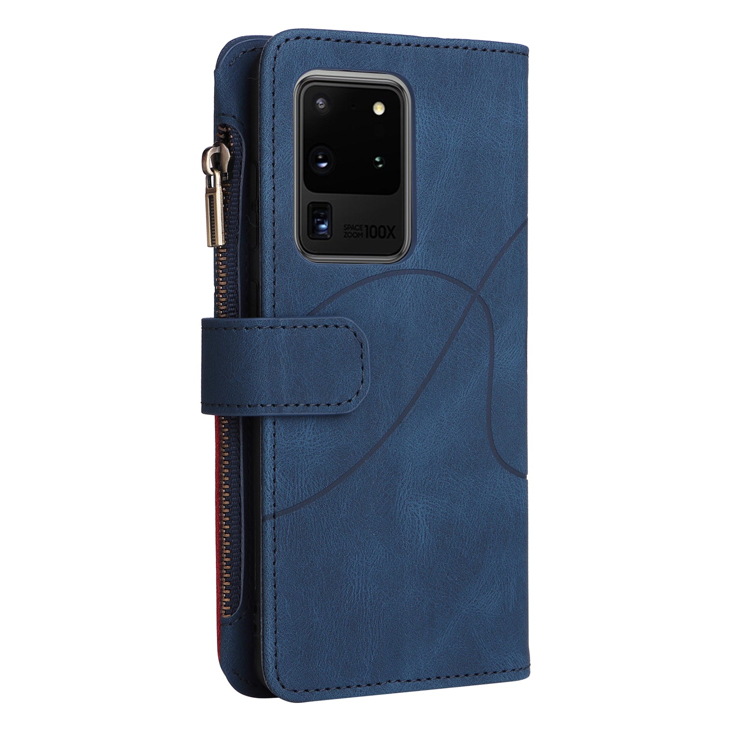 KT Multi-function Series-5 for Samsung Galaxy S20 Ultra 5G Bi-color Splicing Leather Wallet Phone Cover Multiple Card Slots Zipper Pocket Protective Case - Blue