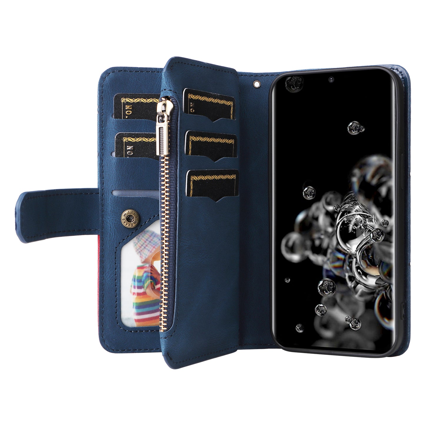 KT Multi-function Series-5 for Samsung Galaxy S20 Ultra 5G Bi-color Splicing Leather Wallet Phone Cover Multiple Card Slots Zipper Pocket Protective Case - Blue