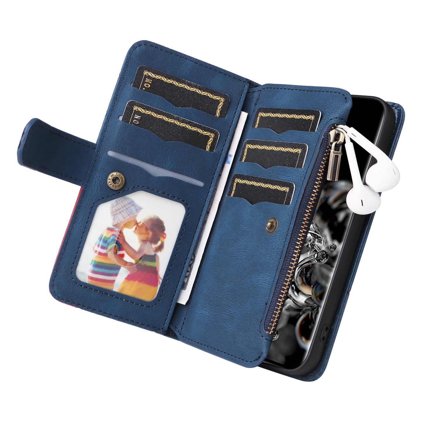 KT Multi-function Series-5 for Samsung Galaxy S20 Ultra 5G Bi-color Splicing Leather Wallet Phone Cover Multiple Card Slots Zipper Pocket Protective Case - Blue