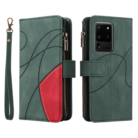 KT Multi-function Series-5 for Samsung Galaxy S20 Ultra 5G Bi-color Splicing Leather Wallet Phone Cover Multiple Card Slots Zipper Pocket Protective Case - Green