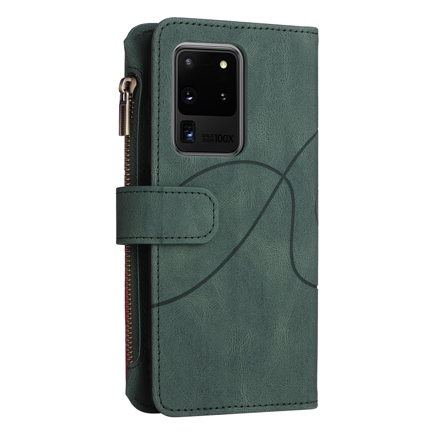 KT Multi-function Series-5 for Samsung Galaxy S20 Ultra 5G Bi-color Splicing Leather Wallet Phone Cover Multiple Card Slots Zipper Pocket Protective Case - Green