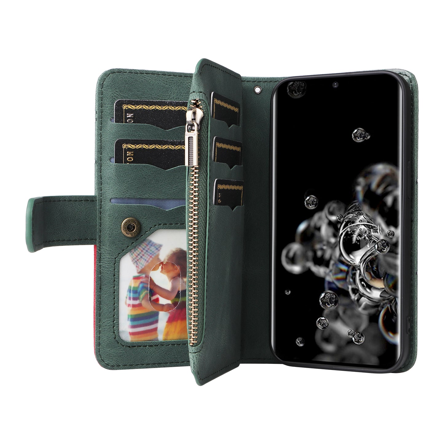 KT Multi-function Series-5 for Samsung Galaxy S20 Ultra 5G Bi-color Splicing Leather Wallet Phone Cover Multiple Card Slots Zipper Pocket Protective Case - Green