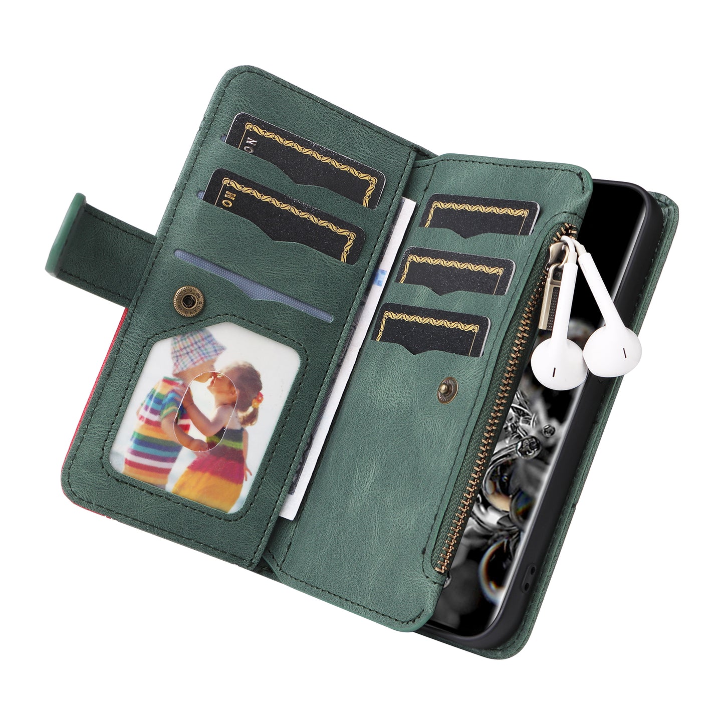 KT Multi-function Series-5 for Samsung Galaxy S20 Ultra 5G Bi-color Splicing Leather Wallet Phone Cover Multiple Card Slots Zipper Pocket Protective Case - Green